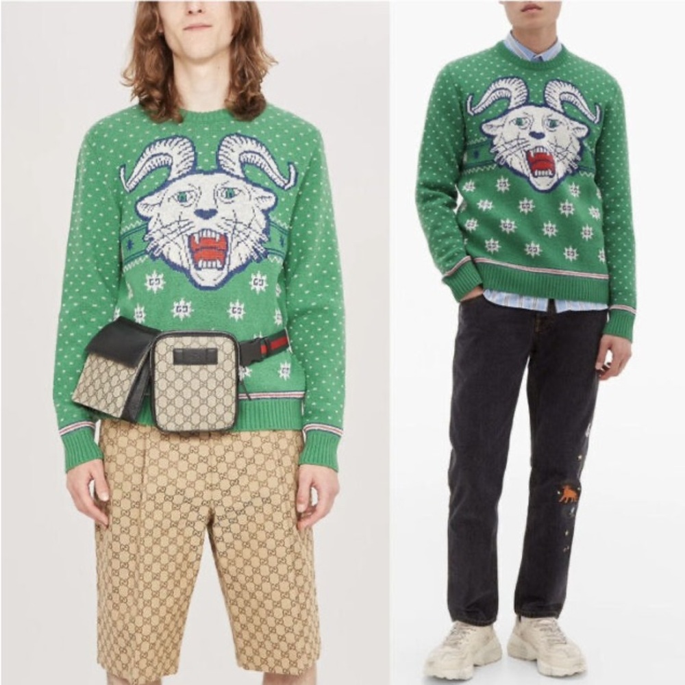 Brand new Gucci Green Goat Head Wool Knitted Sweater
